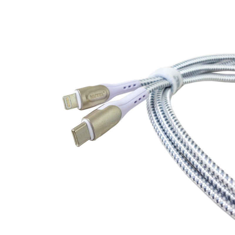 10ft Premium Phone Charging Cable, USB-C to Lightning, White & Silver Braided