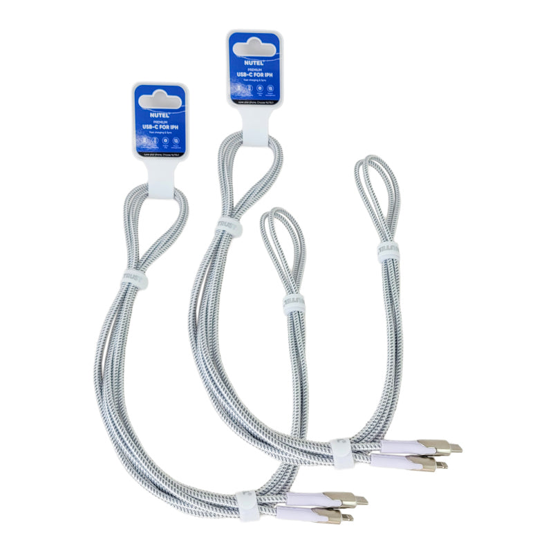 10ft Premium Phone Charging Cable, USB-C to Lightning, White & Silver Braided