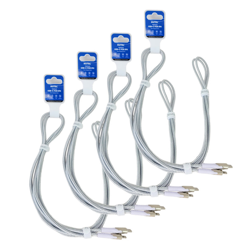 10ft Premium Phone Charging Cable, USB-C to Lightning, White & Silver Braided