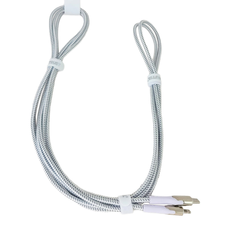 10ft Premium Phone Charging Cable, USB-C to Lightning, White & Silver Braided