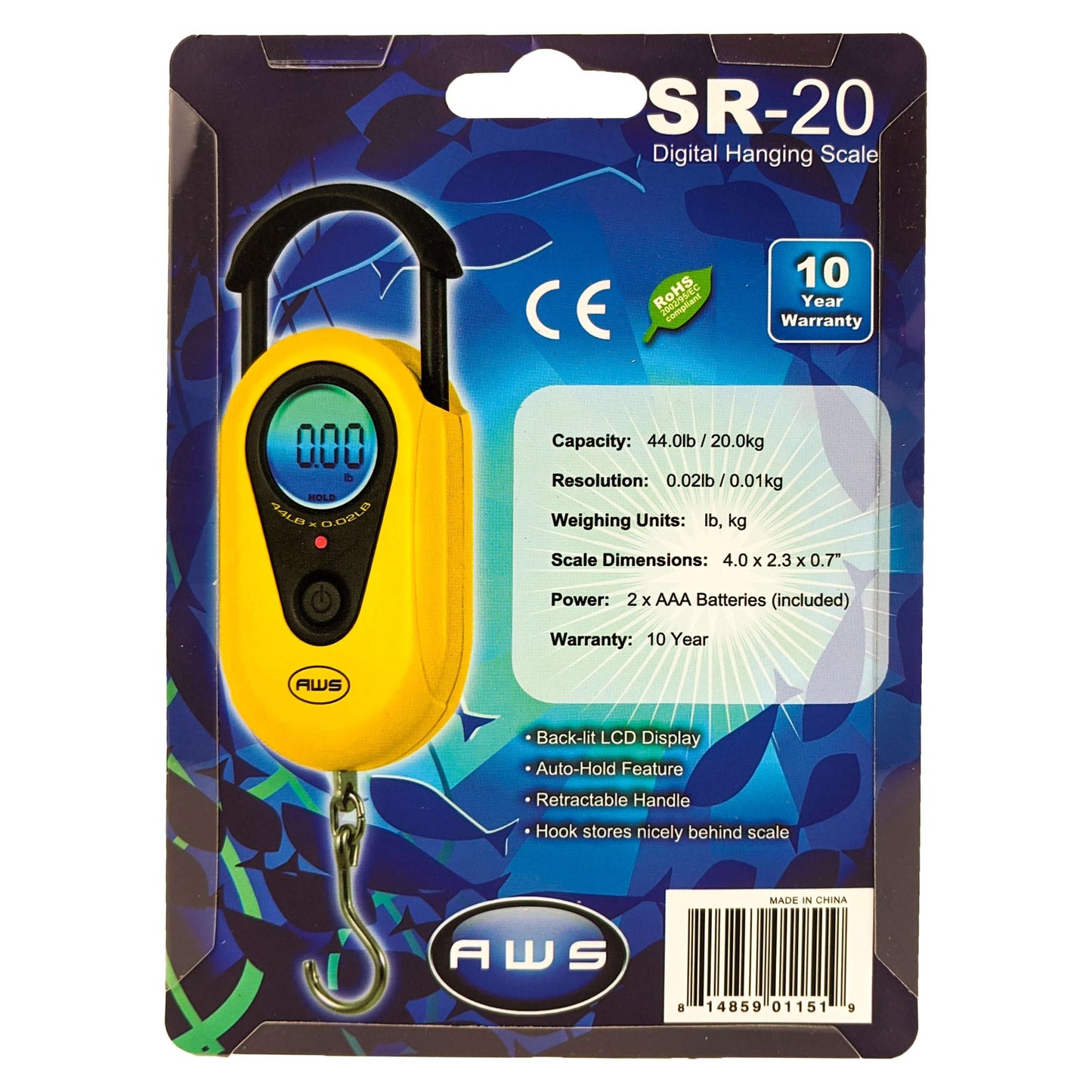 AWS Digital Hanging Scale, 44LB x 0.02LB, SR-20