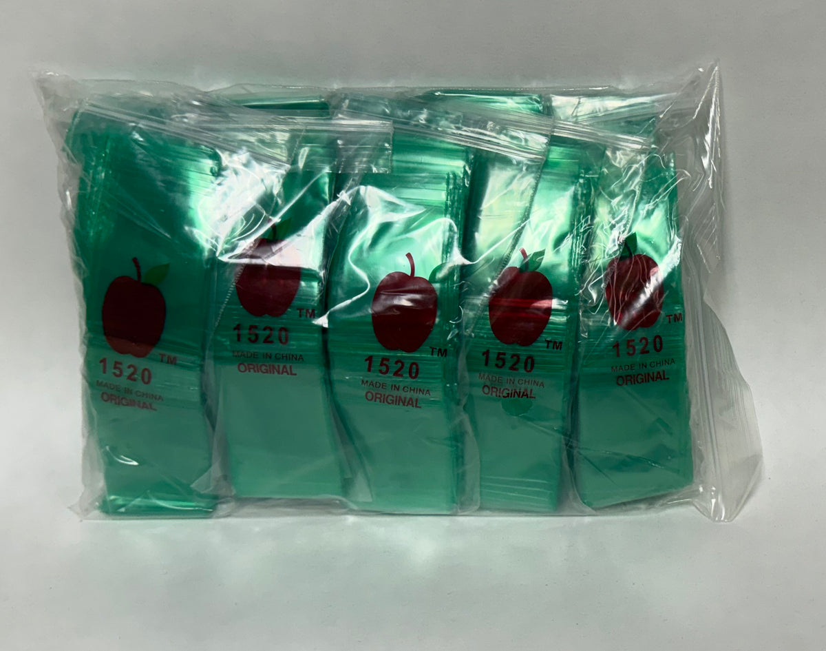 Apple Bags Mini Zip Resealable Baggies, 1520 Green 1.5" x 2" 100ct / 1000ct / 3000ct