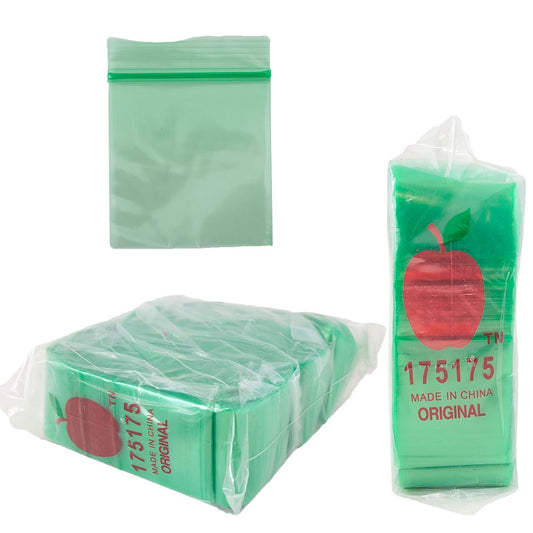 Apple Bags Mini Zip Resealable Baggies, 175175 Green 1.75" x 1.75" 100ct / 1000ct / 3000ct