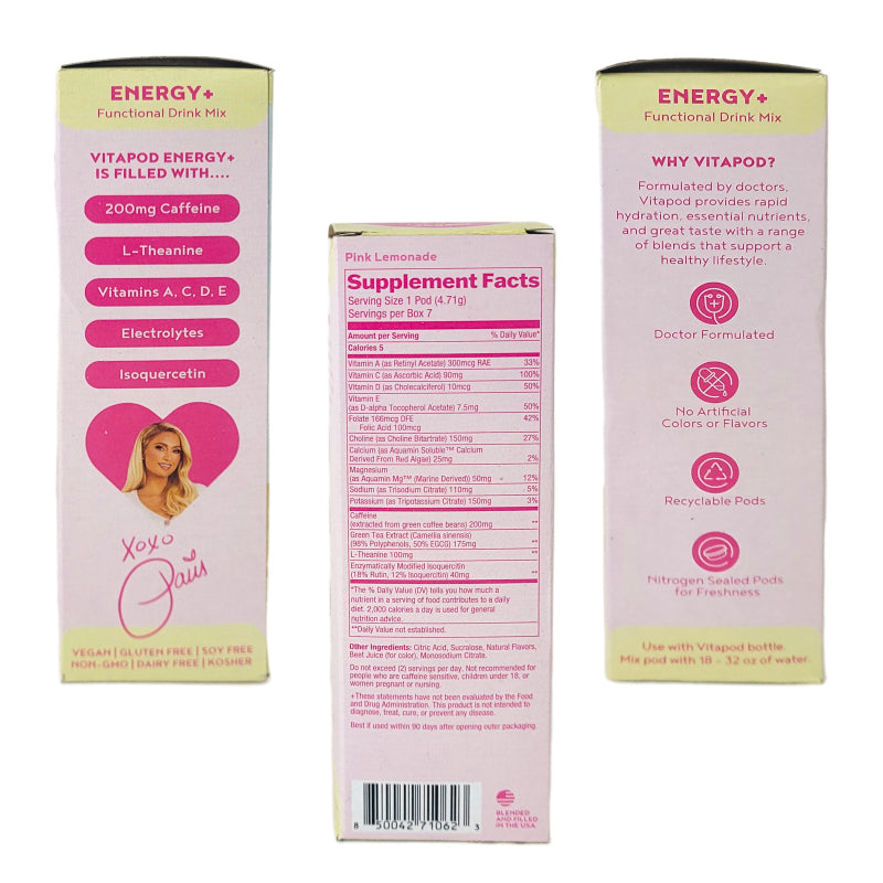 Pink Lemonade ENERGY+ Flavor Paris Hilton x Vitapod Drink Mix Pods, 1 Box (7 Pods) to 4 Boxes (28 Pods)