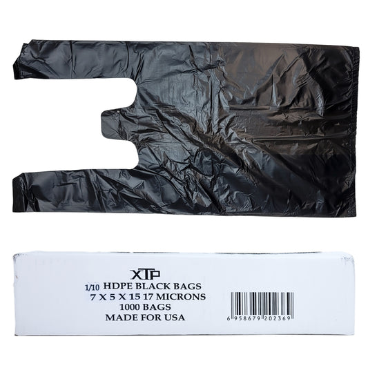 XTP 1/10 HDPE Black T-Shirt Bags, 7x5x15, 17 Microns, 100ct to 2,000ct