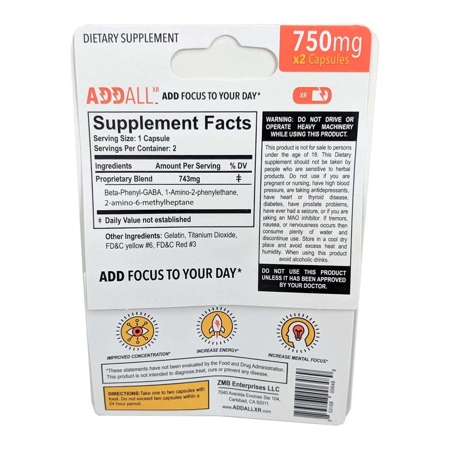 AddAll XR Capsules 750mg Energy & Focus Supplement, 2-Capsule Pack
