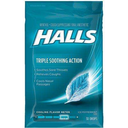 Halls Triple Soothing Action Cough Drops Ice Peppermint - 30 Drops