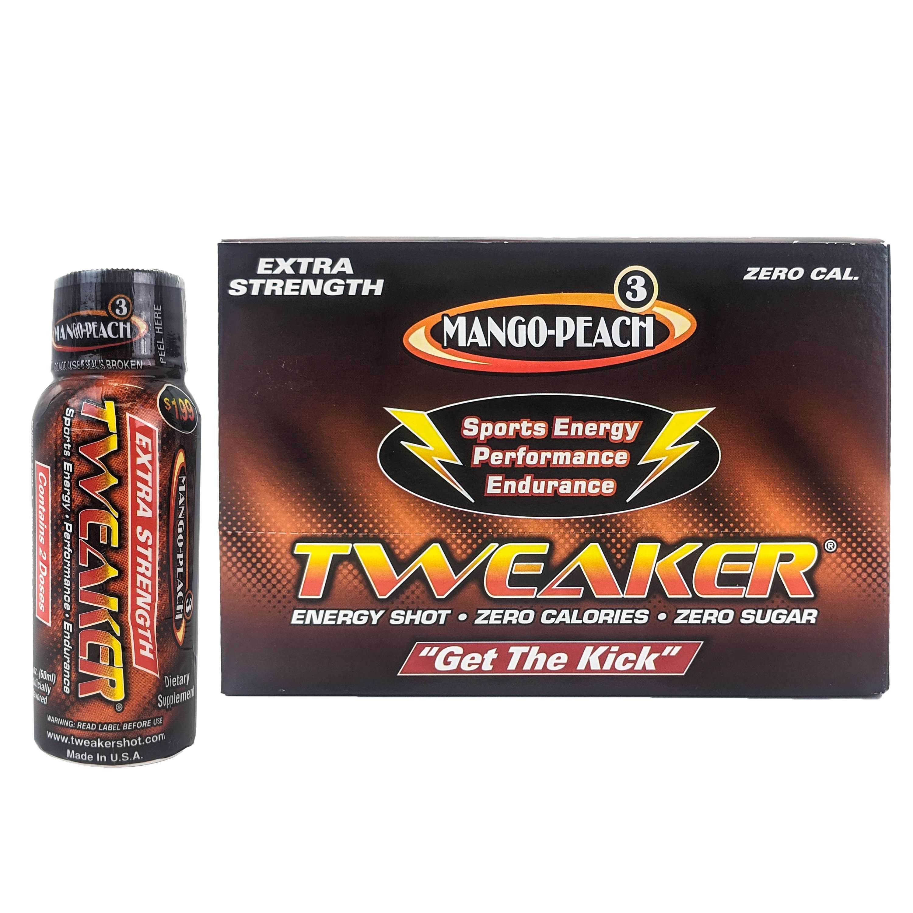 Tweaker 2oz Extra Strength Energy Shots, Box of 12, Mango-Peach Flavor