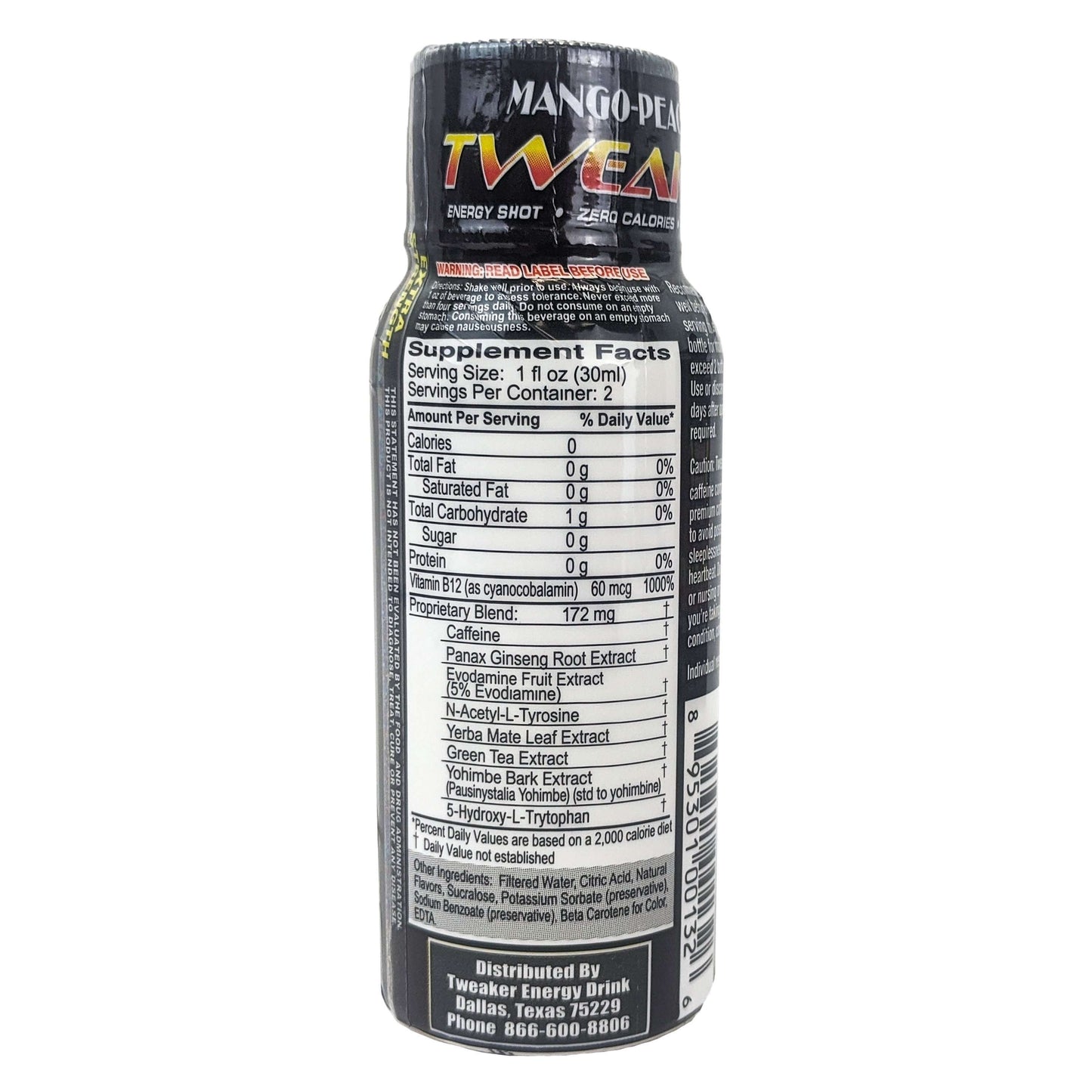 Tweaker 2oz Extra Strength Energy Shots, Box of 12, Mango-Peach Flavor