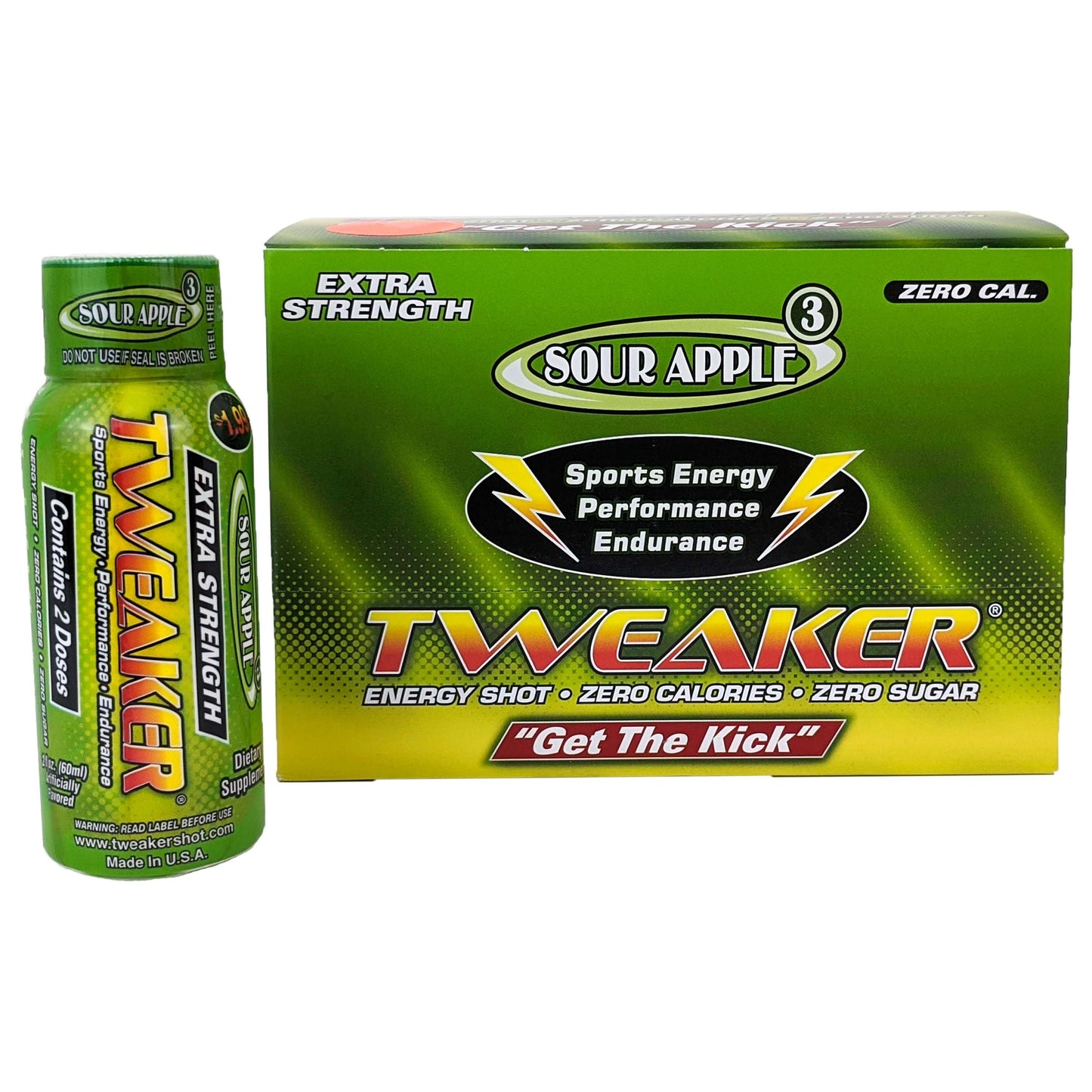 Tweaker 2oz Extra Strength Energy Shots, Box of 12, Sour Apple Flavor